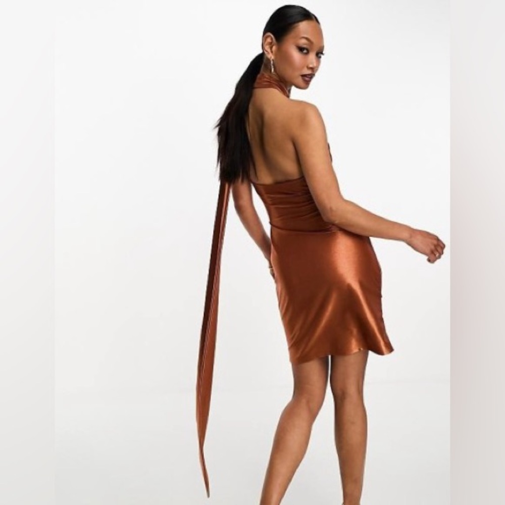 ASOS DESIGN One Shoulder Tie Stretch Satin Mini Dress In Copper - Picture 3 of 6